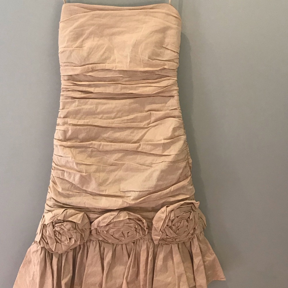 BCBG taupe rouged cocktail dress